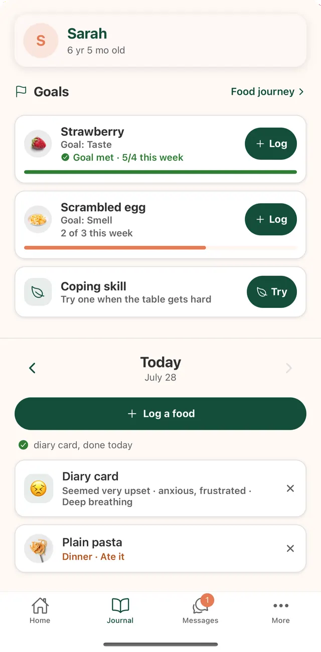 Goals screen with strawberry, scrambled egg and a coping skill