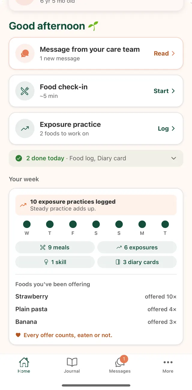 Heartful Eating Recovery today screen with care team message, food check-in and exposure practice