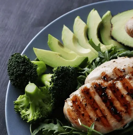 A prepared meal of chicken, avocado and broccoli